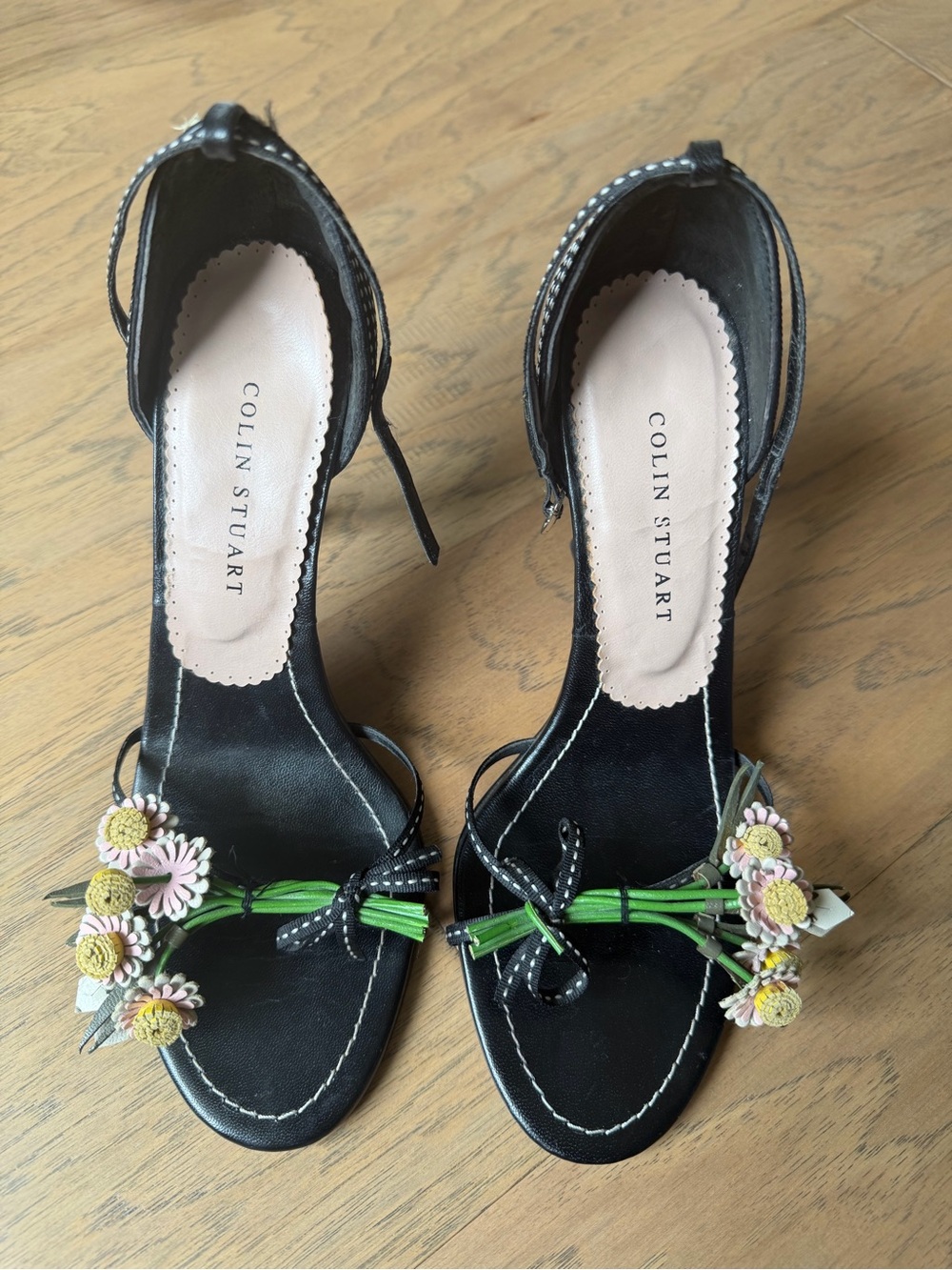 Colin Stuart Black Leather Floral Strap Heels with Pink & Yellow Accents
